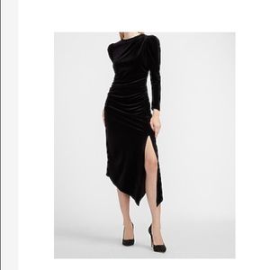 velvet ruched side asymmetrical midi dress